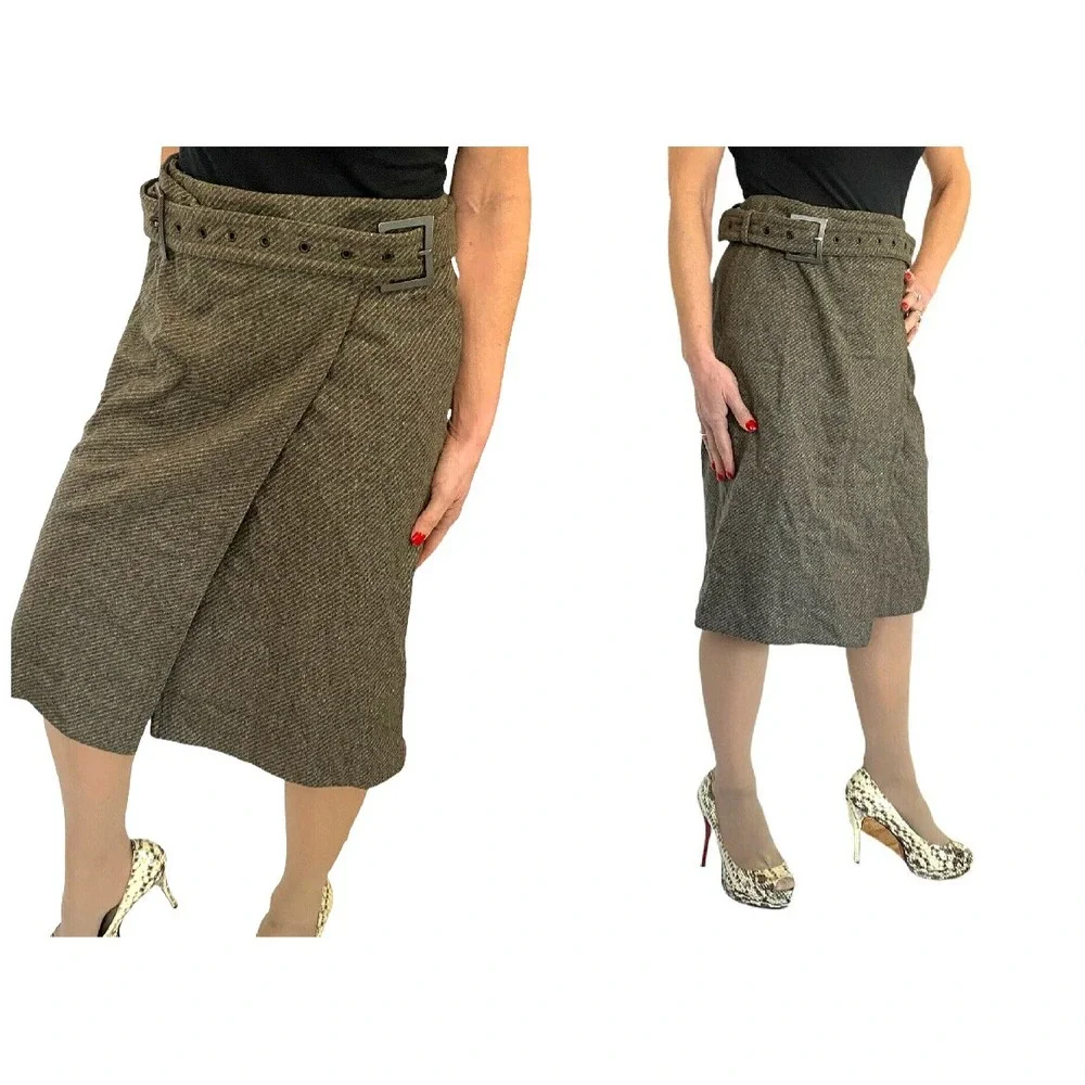 Calvin Klein Made In Italy $640 Olive Green Wool Blend Belted Wrap Skirt  NWT 4